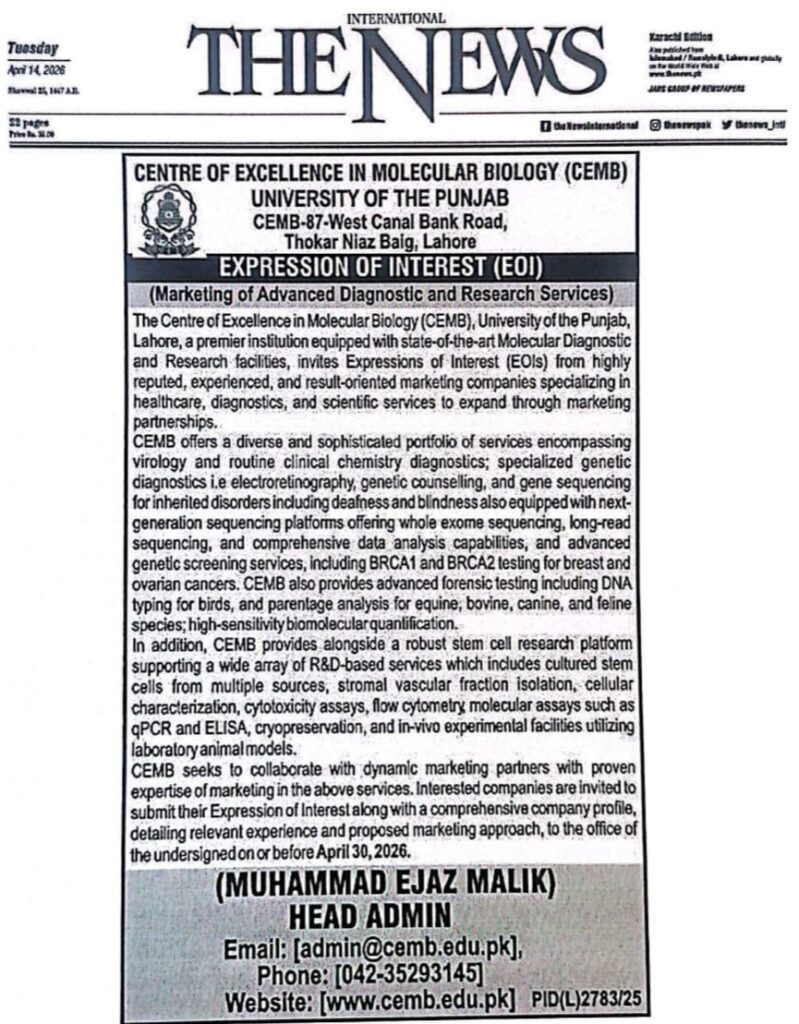 Expression of Interest notice for marketing of Advanced Diagnostic and Research Services, as published in The News