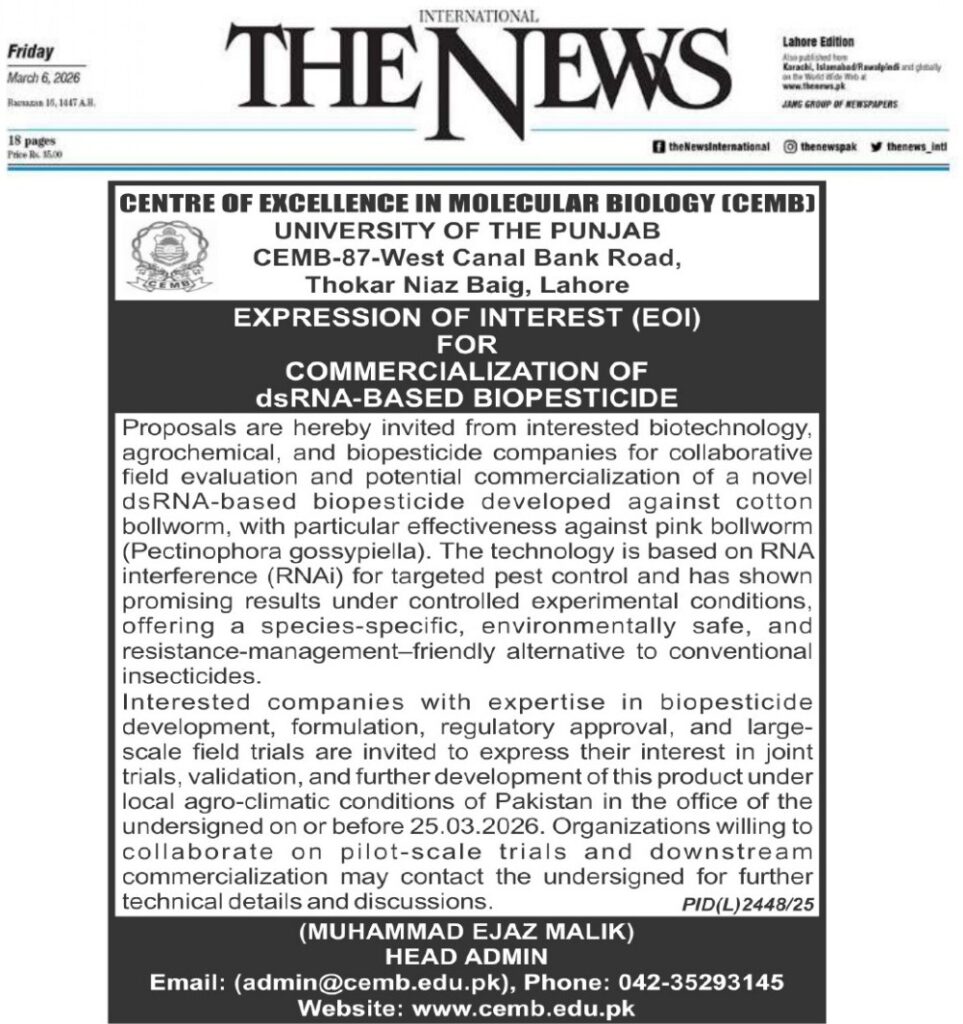 Expression of Interest notice for commercialisation of dsRNA-based biopesticide, as published in The News