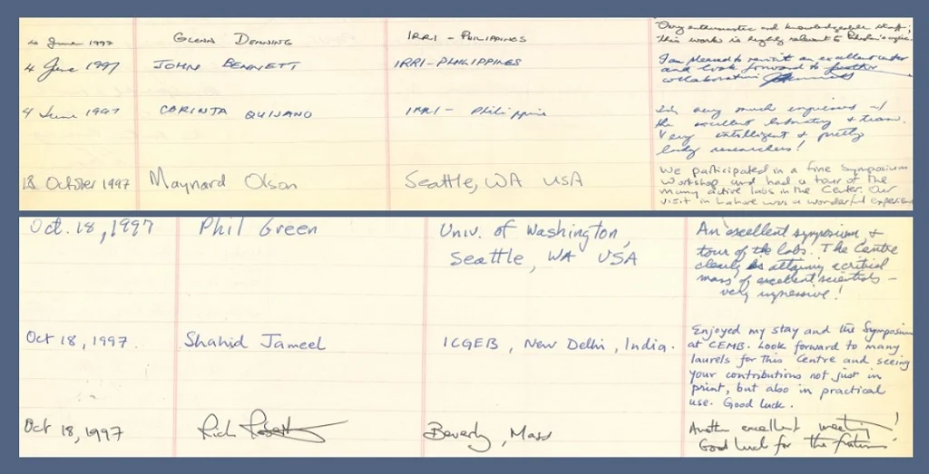Scanned page from CEMB's visitors' book