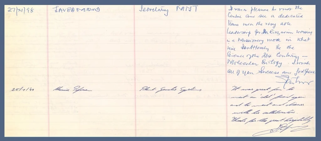 Scanned page from CEMB's visitors' book