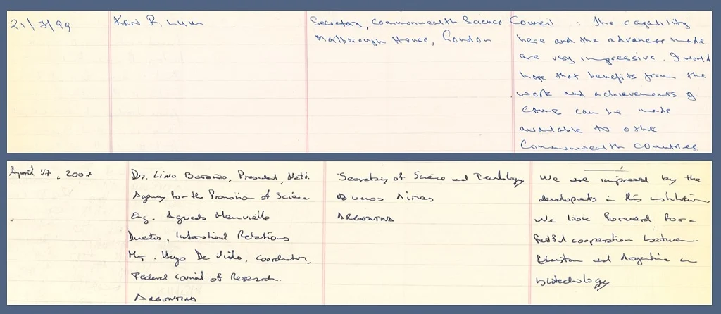 Scanned page from CEMB's visitors' book