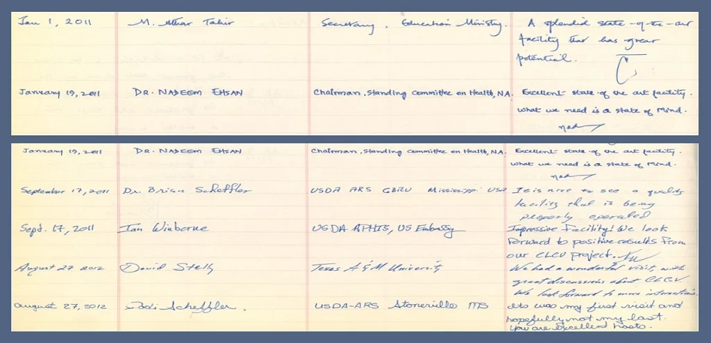 Scanned page from CEMB's visitors' book