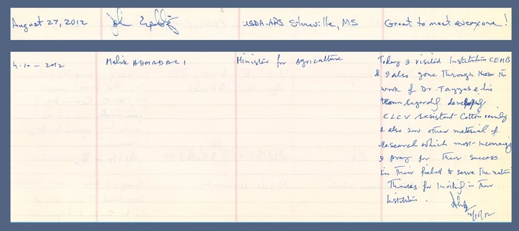 Scanned page from CEMB's visitors' book