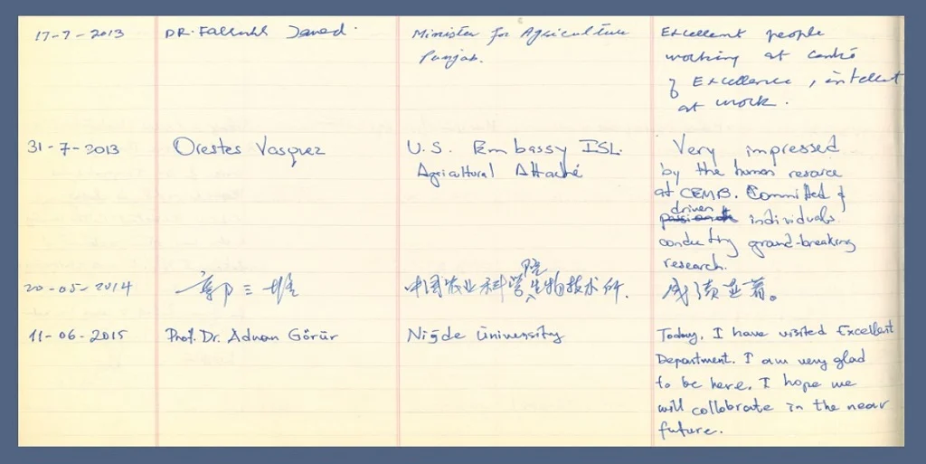 Scanned page from CEMB's visitors' book